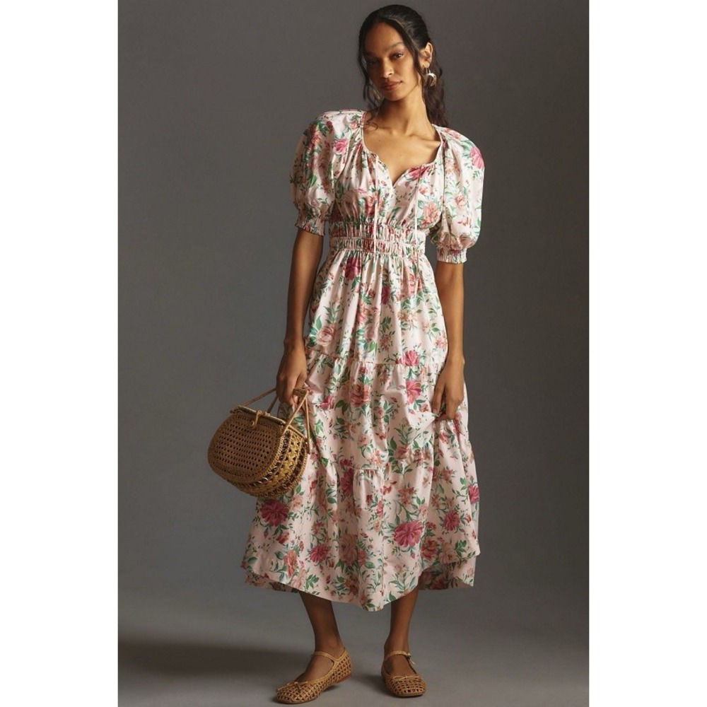 ANTHROPOLOGIE Somerset Puff Sleeve Floral Maxi Dress Cottage Natural XL